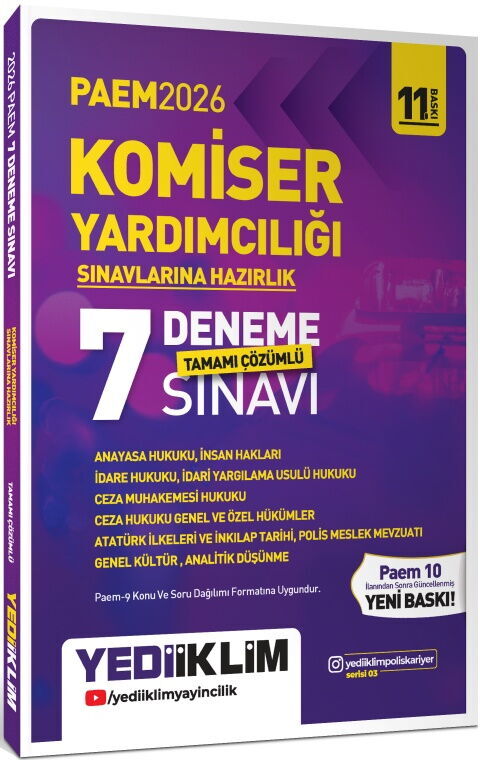 Yediiklim 2026 PAEM Komiser Yardımcılığı Sınavlarına Hazırlık Tamamı Çözümlü 7 Deneme