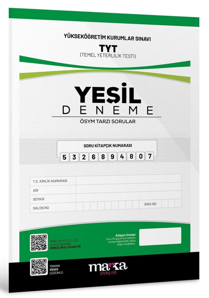 Marka Yayınları TYT Yeni Nesil Tamamı Video Çözümlü Yeşil Deneme